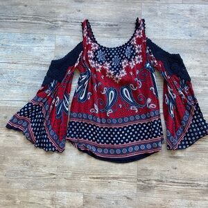 Bila open shoulder paisley blouse